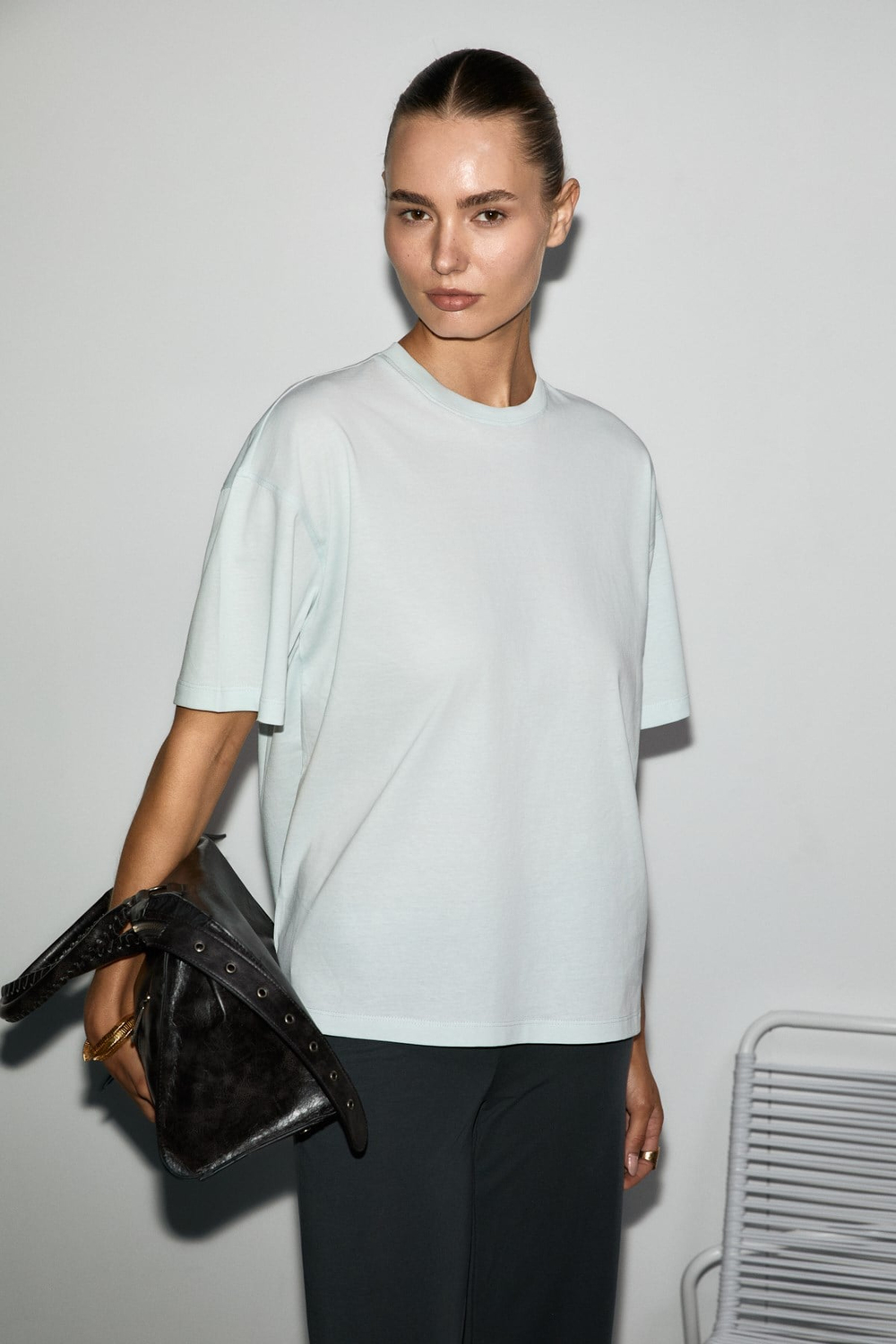 LAGERTHA Kadın %100 organik Pamuklu Kalın Dokulu Oversize Fit Yuvarlak Yakalı Açık Mavi T-Shirt