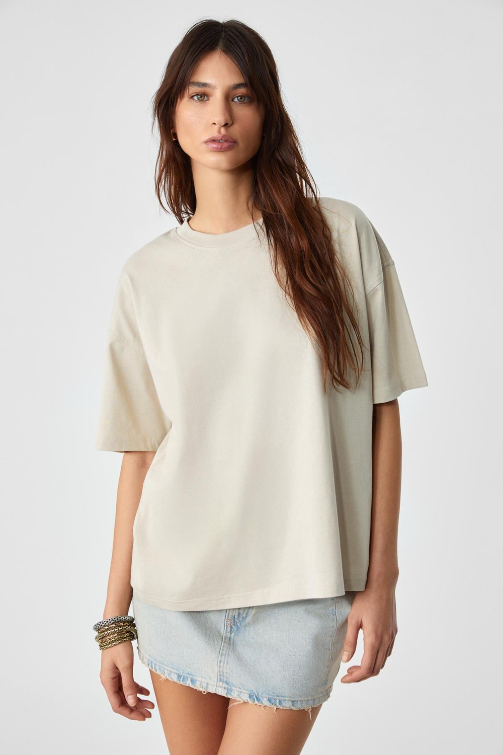 LAGERTHA Kadın %100 organik Pamuklu Kalın Dokulu Oversize Fit Yuvarlak Yakalı Taş Rengi T-Shirt