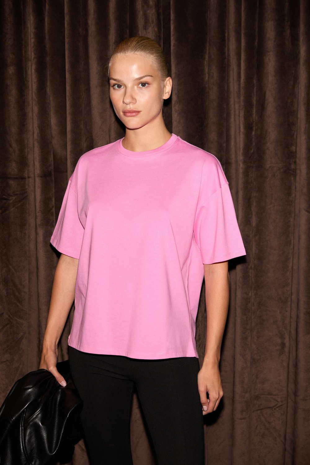 LAGERTHA Kadın %100 organik Pamuklu Kalın Dokulu Oversize Fit Yuvarlak Yakalı Pembe T-Shirt