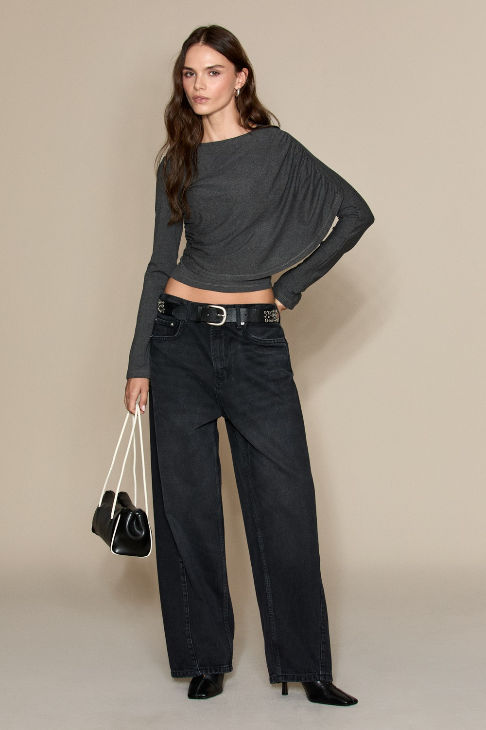 LEXY Kadın Standart Bel Baggy Balon Jean Siyah Pantolon