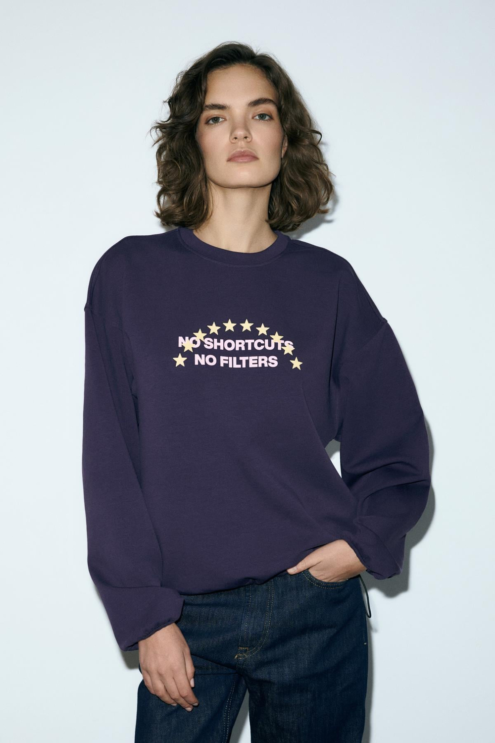 MARIELA Kadın Yuvarlak Yaka Baskı Detaylı Oversıze Mor Sweatshirt