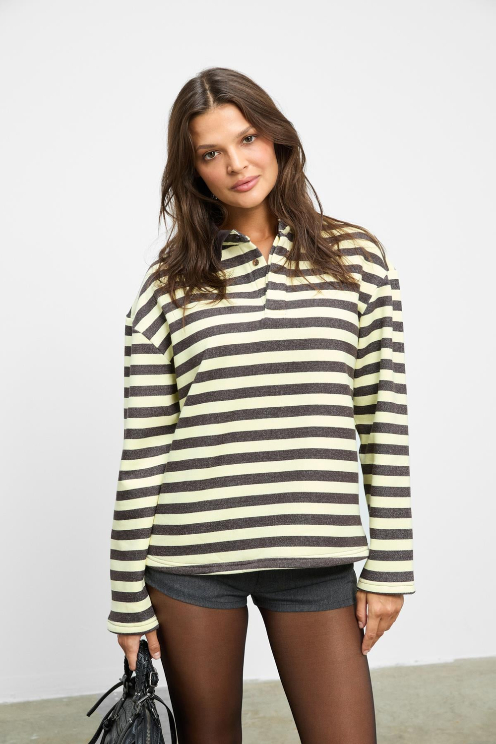 MUSE Kadın Çizgili Triko Polo Yakalı Regular Fit Sarı Sweatshirt