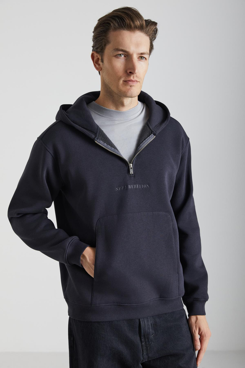 PAVLE Erkek Kapüşonlu Kanguru Cepli Fermuar Yakalı Antrasit Sweatshirt