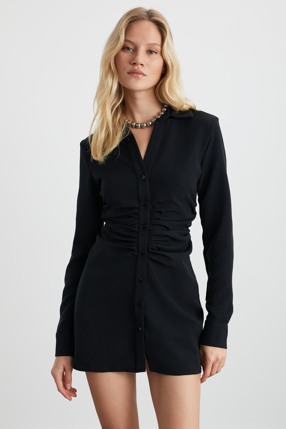 RHEA Kadın Dokuma Krep Kumaşlı Gömlek Elbise Stili Drapeli Siyah Elbise