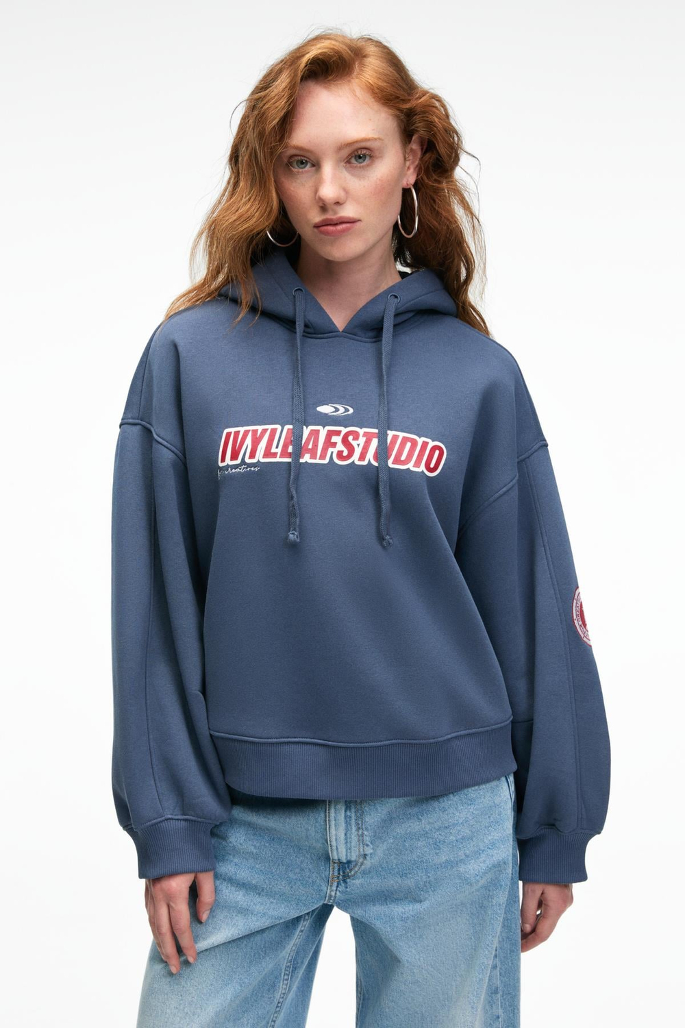 RHOVARA Kadın Oversize Kapüşonlu Baskı ve Nakış Detaylı Lacivert Sweatshirt