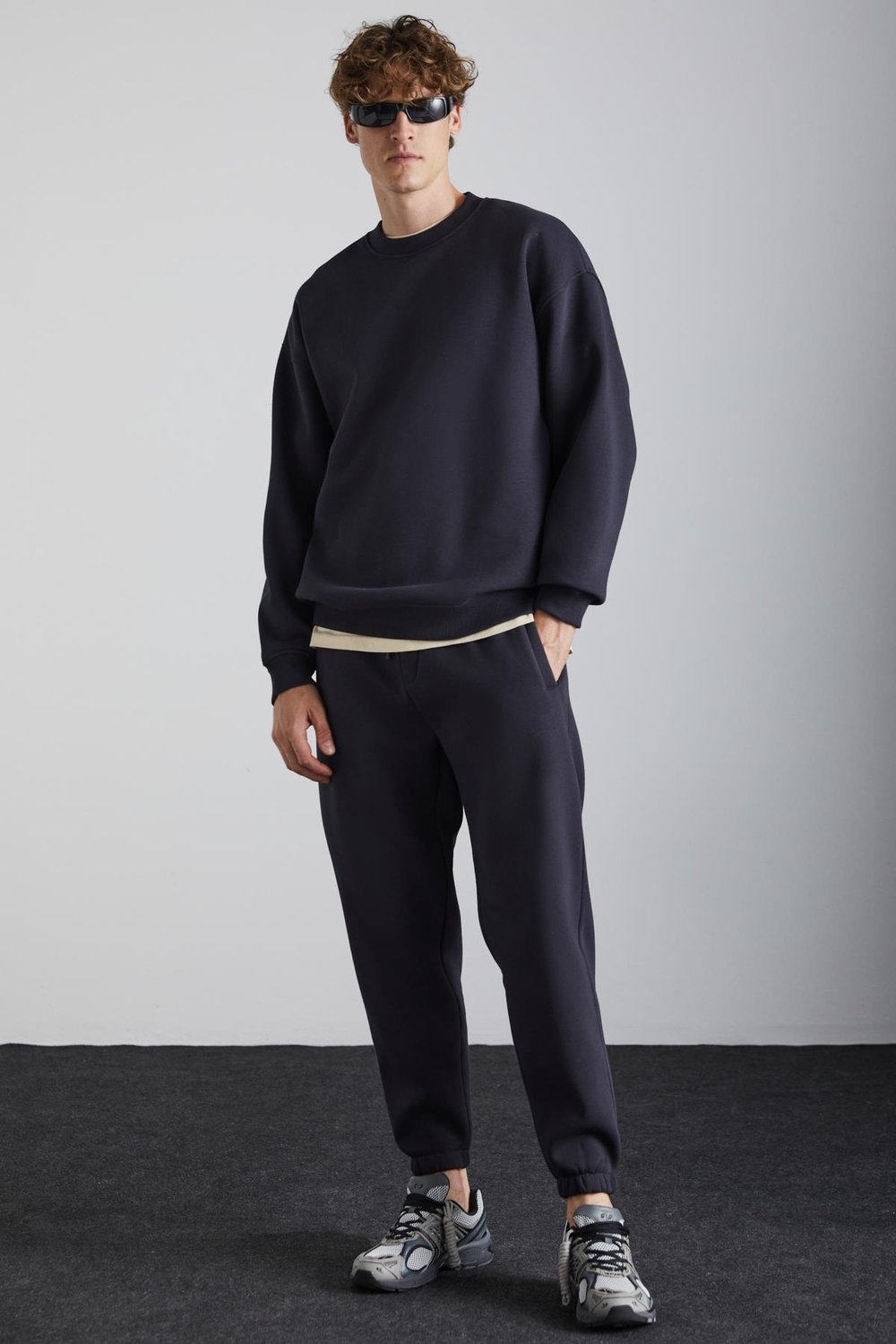 STEPHAN Erkek Yumuşacık Kışlık Kumaşlı 3 İplik Organik Pamuk Örme Oversize Antrasit Sweatshirt
