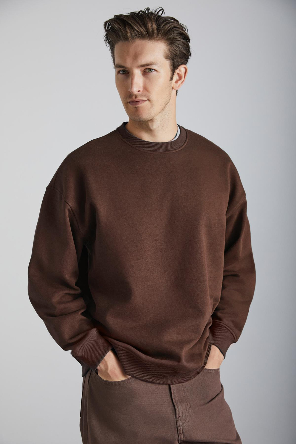 STEPHAN Erkek Yumuşacık Kışlık Kumaşlı 3 İplik Organik Pamuk Örme Oversize Kahverengi Sweatshirt