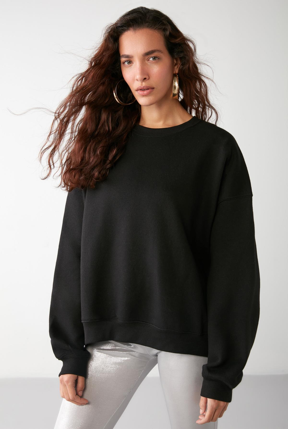 VANELTINA Kadın İçi Polarlı 3 İplik Organik Pamuk Oversize Basic Bisiklet Yaka Siyah Sweatshirt