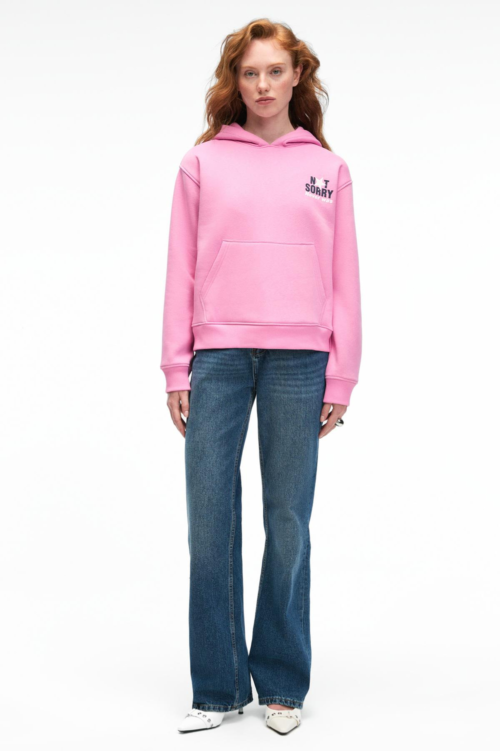 YUMEA Kadın Oversize Kapüşonlu Baskılı Pembe Sweatshirt