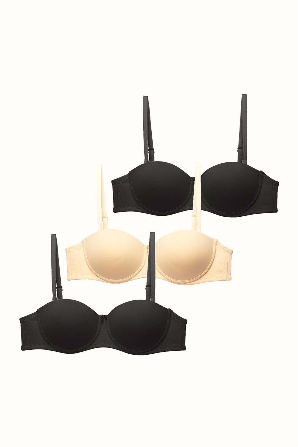 3lü Paket Push Up Straplez Yumuşak Kaplı Örme Sütyen C37055 Siyah/Ten