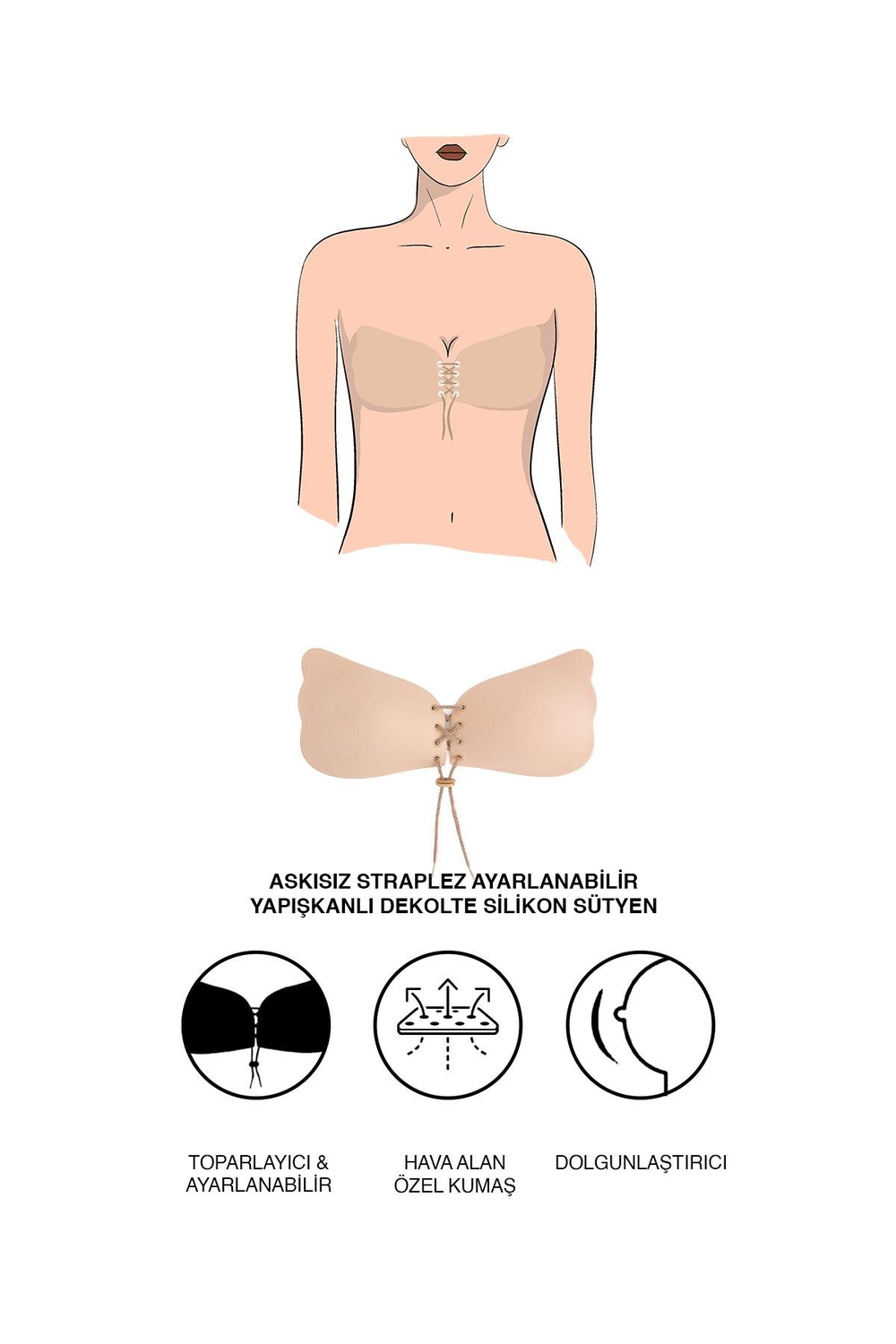 Askısız Straplez Ayarlanabilir Yapışkanlı Dekolte Silikon Sütyen Ten