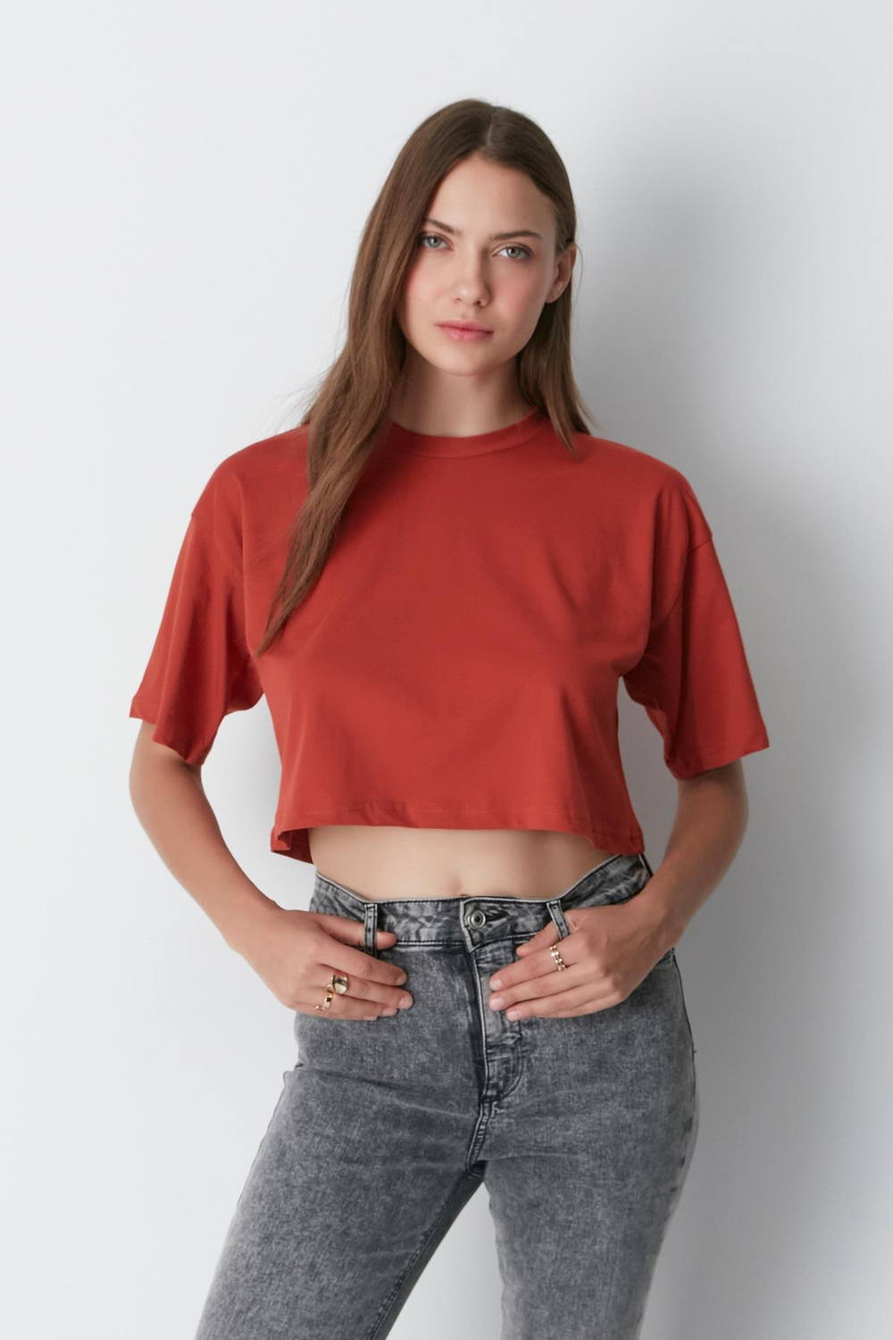Bisiklet Yaka 2li Crop T-Shirt 959 Kiremit/İndigo