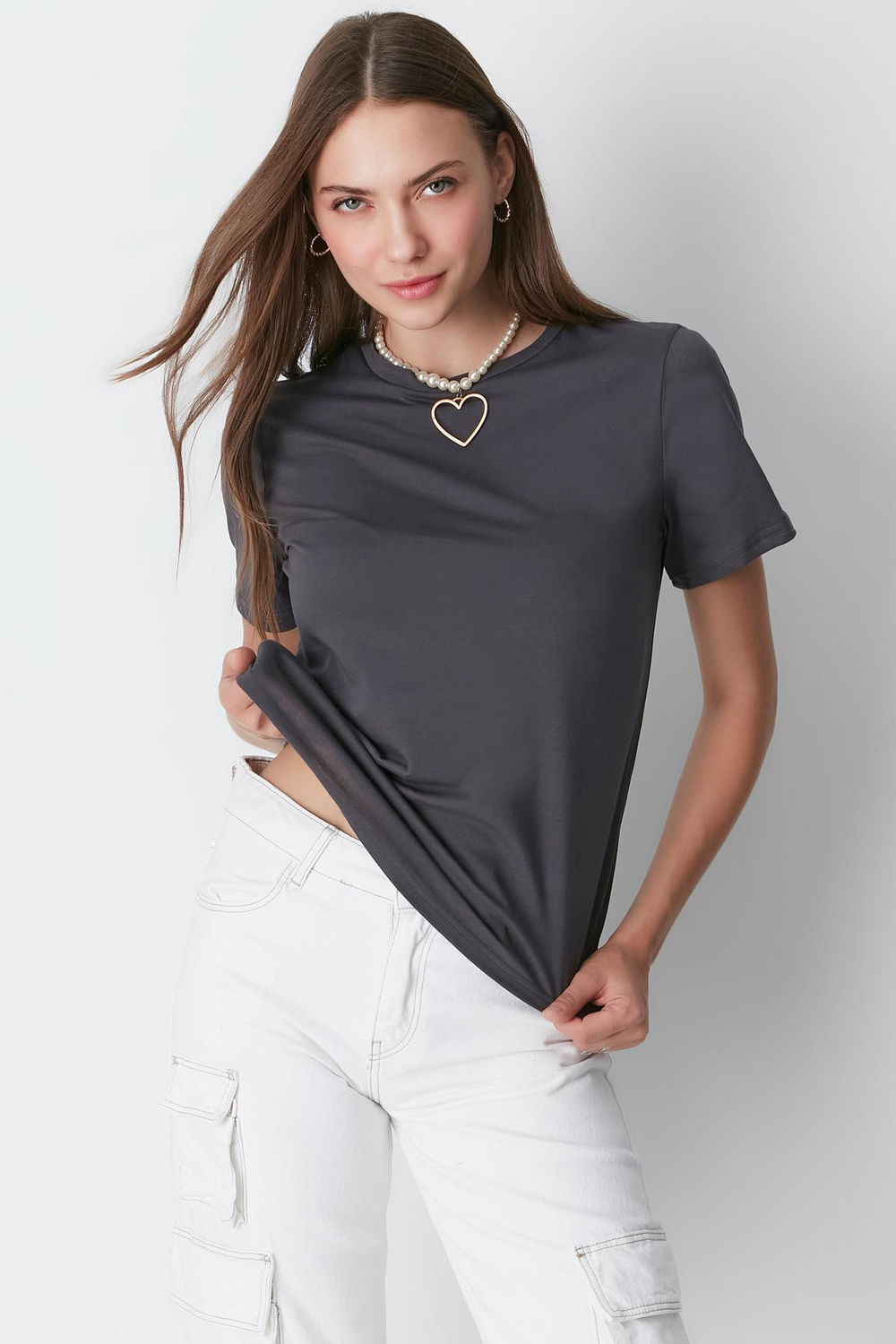 Bisiklet Yaka Kısa Kol 2li Basic T-Shirt 960 Çağla/Füme