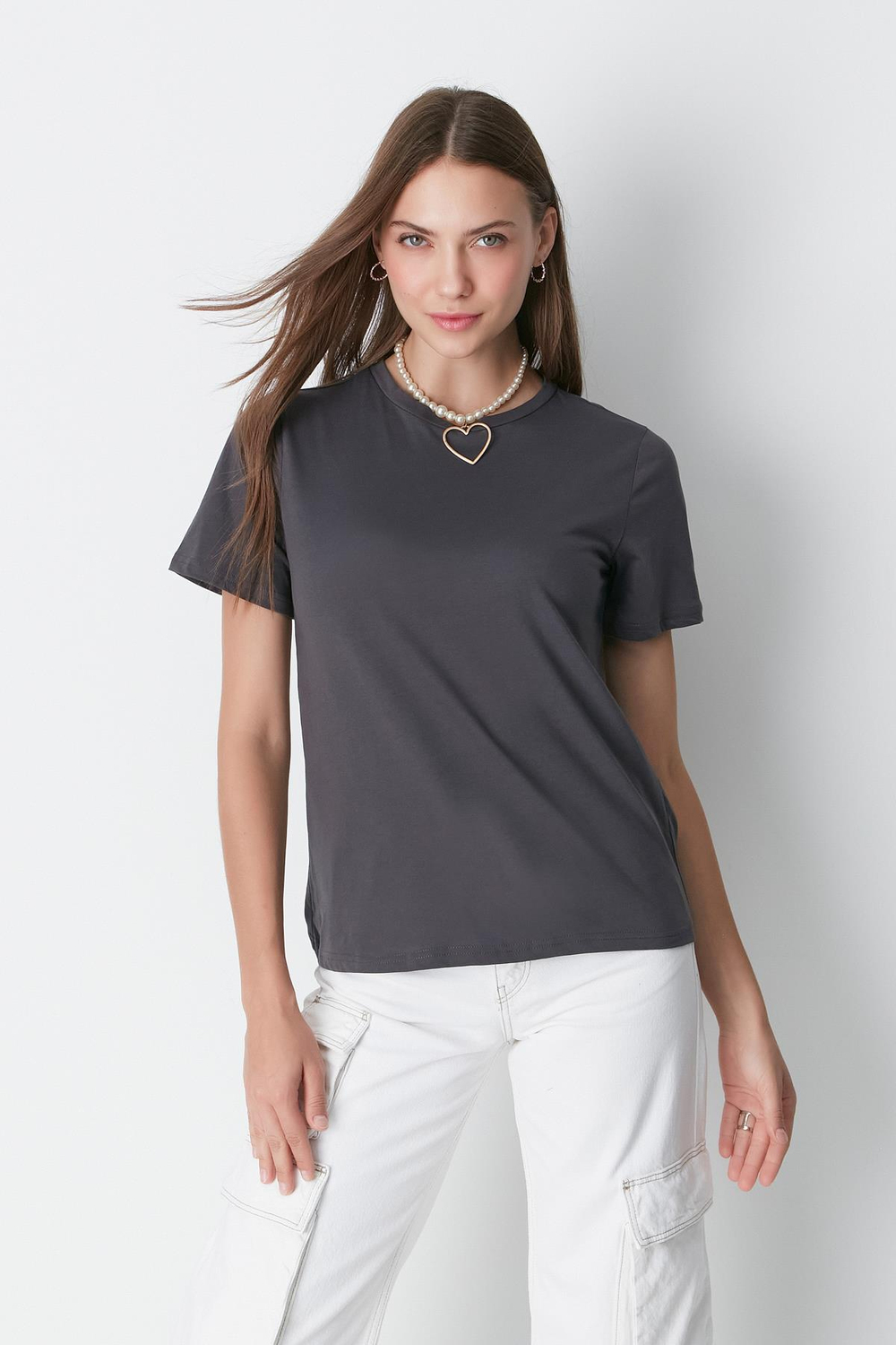 Bisiklet Yaka Kısa Kol 2li Basic T-Shirt 960 Çağla/Füme