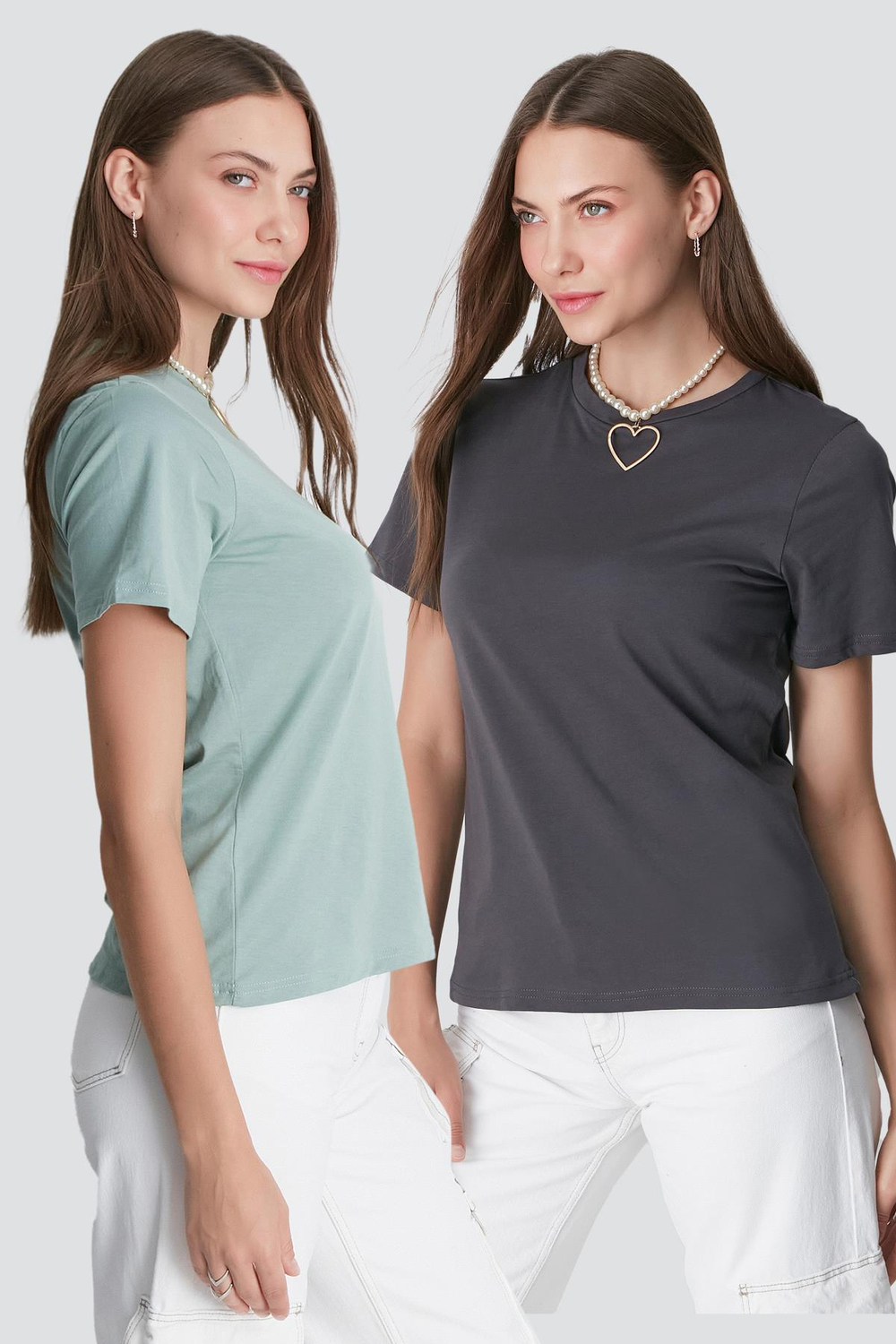 Bisiklet Yaka Kısa Kol 2li Basic T-Shirt 960 Çağla/Füme