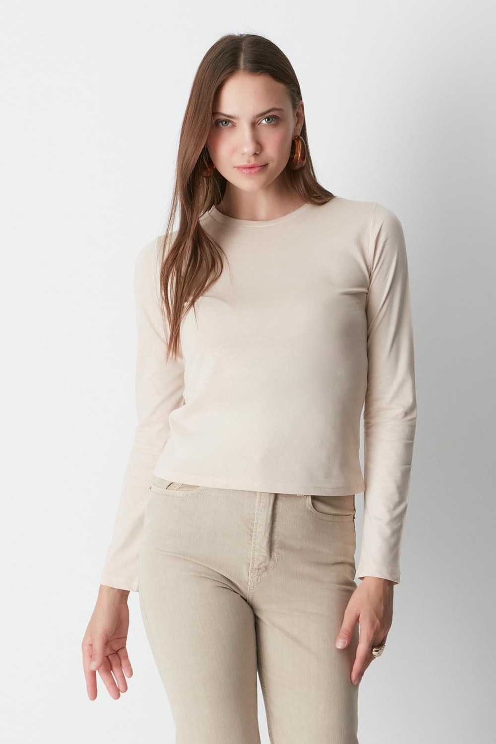 Bisiklet Yaka Uzun Kol 2li Basic T-Shirt 955 Bej/Kahverengi