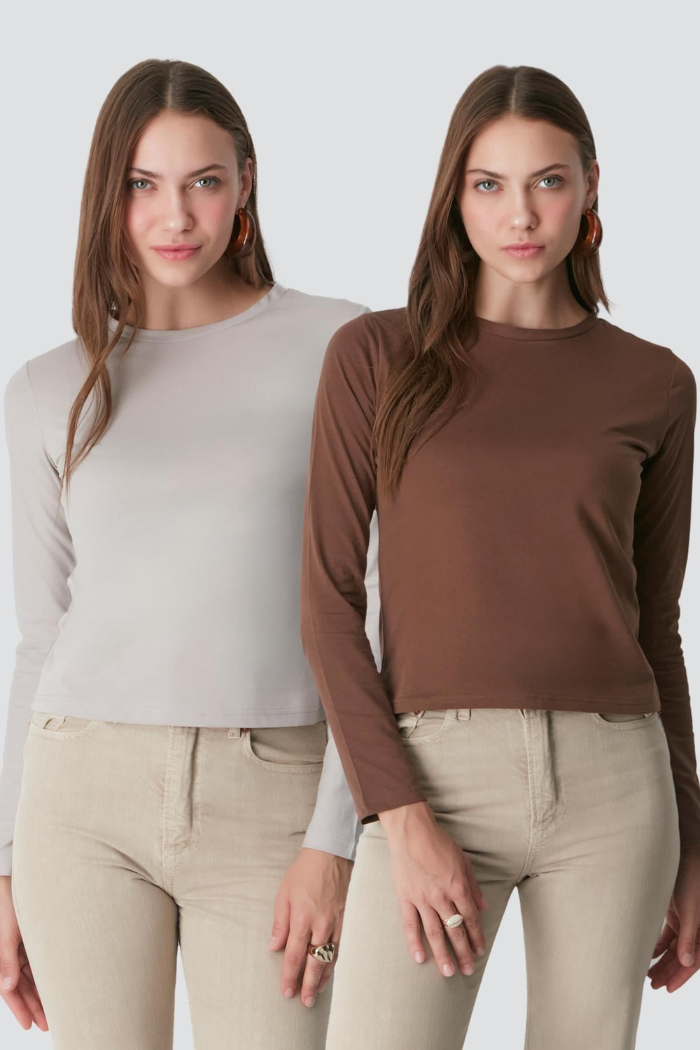 Bisiklet Yaka Uzun Kol 2li Basic T-Shirt 955 Gri/Kahve
