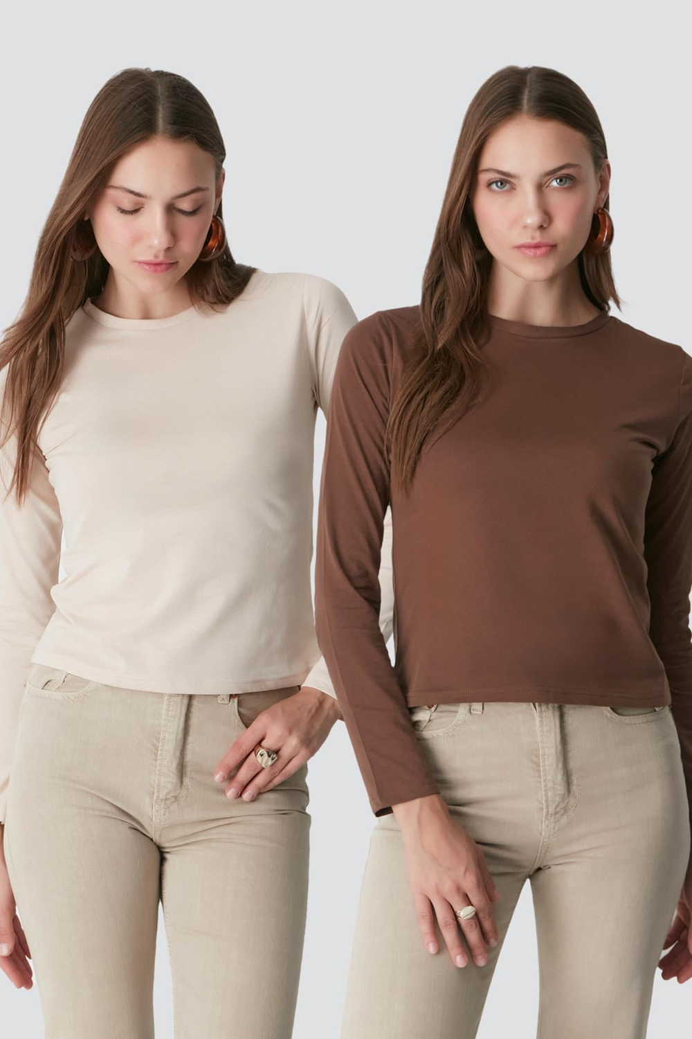 Bisiklet Yaka Uzun Kol 2li Basic T-Shirt 955 Bej/Kahverengi