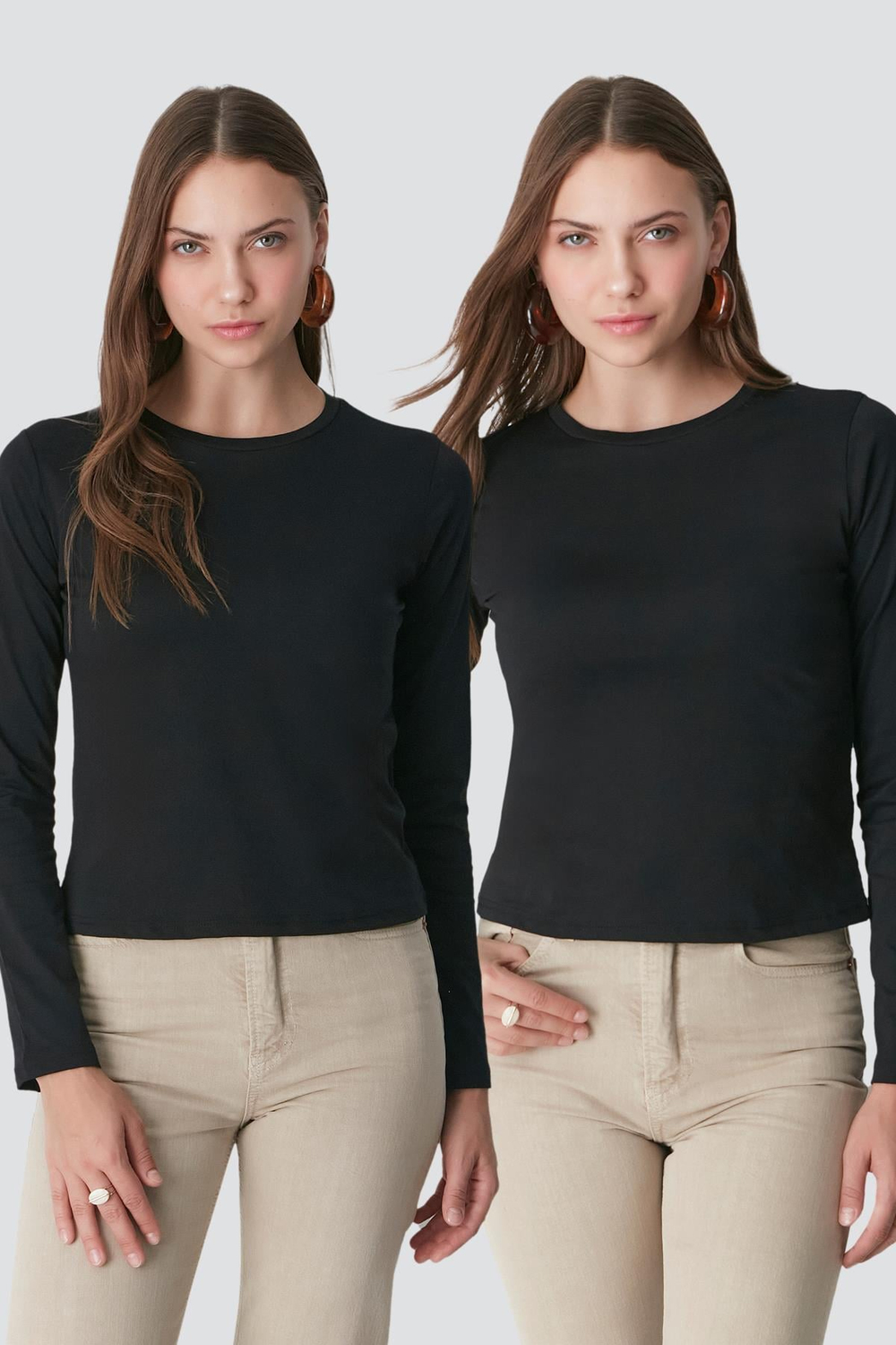 Bisiklet Yaka Uzun Kol 2li Basic T-Shirt 955 Siyah