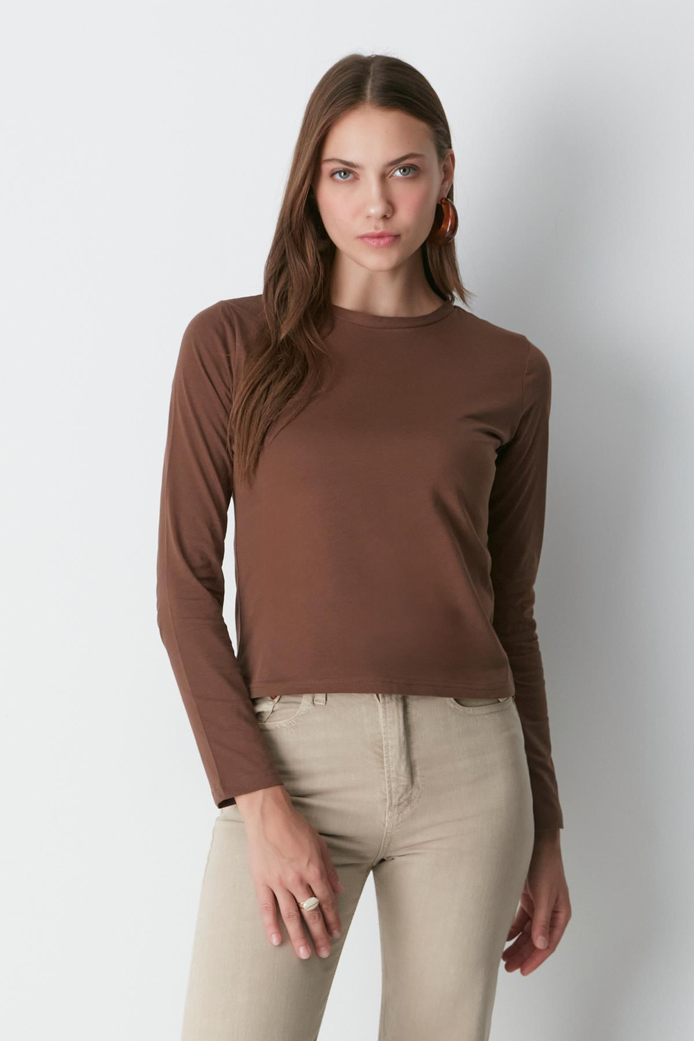Bisiklet Yaka Uzun Kol 2li Basic T-Shirt 955 Bej/Kahverengi