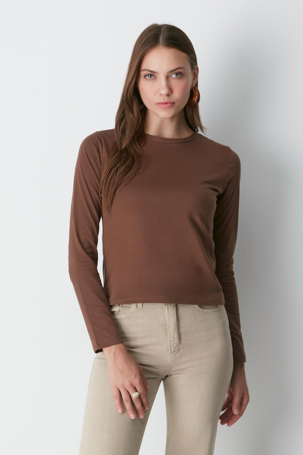 Bisiklet Yaka Uzun Kol 2li Basic T-Shirt 955 Gri/Kahve