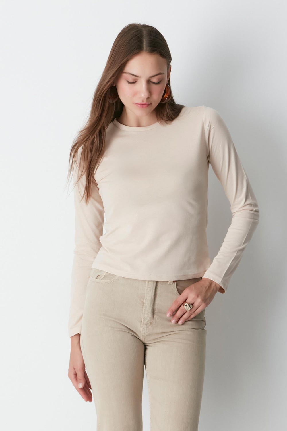 Bisiklet Yaka Uzun Kol 2li Basic T-Shirt 955 Bej/Kahverengi