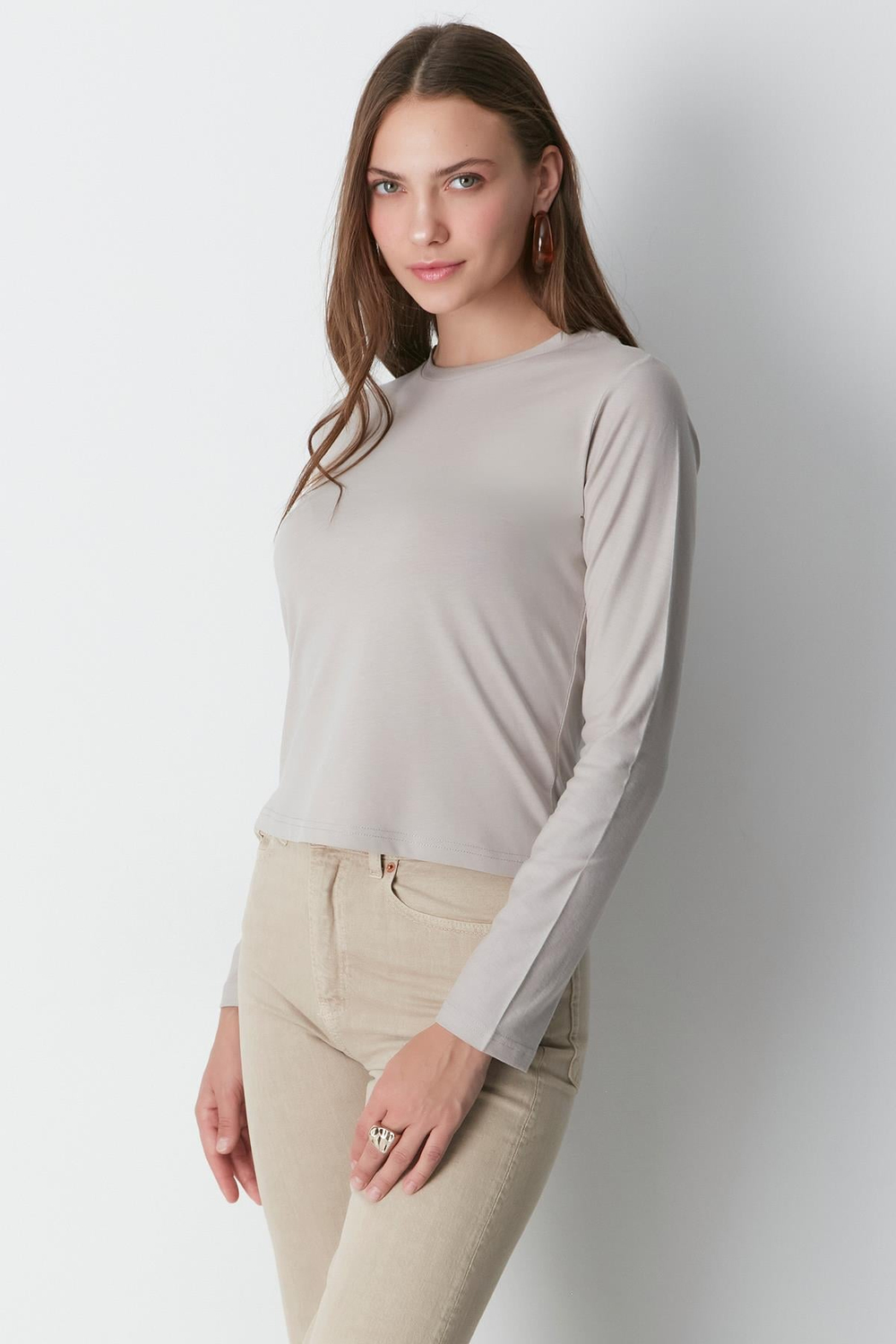 Bisiklet Yaka Uzun Kol 2li Basic T-Shirt 955 Gri/Kahve