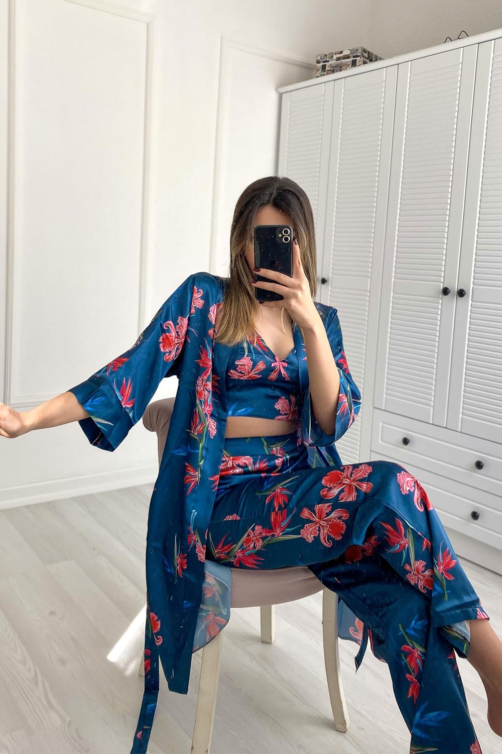 045 Kadın Desenli 3 Lü Saten Pijama Takım Turkuaz