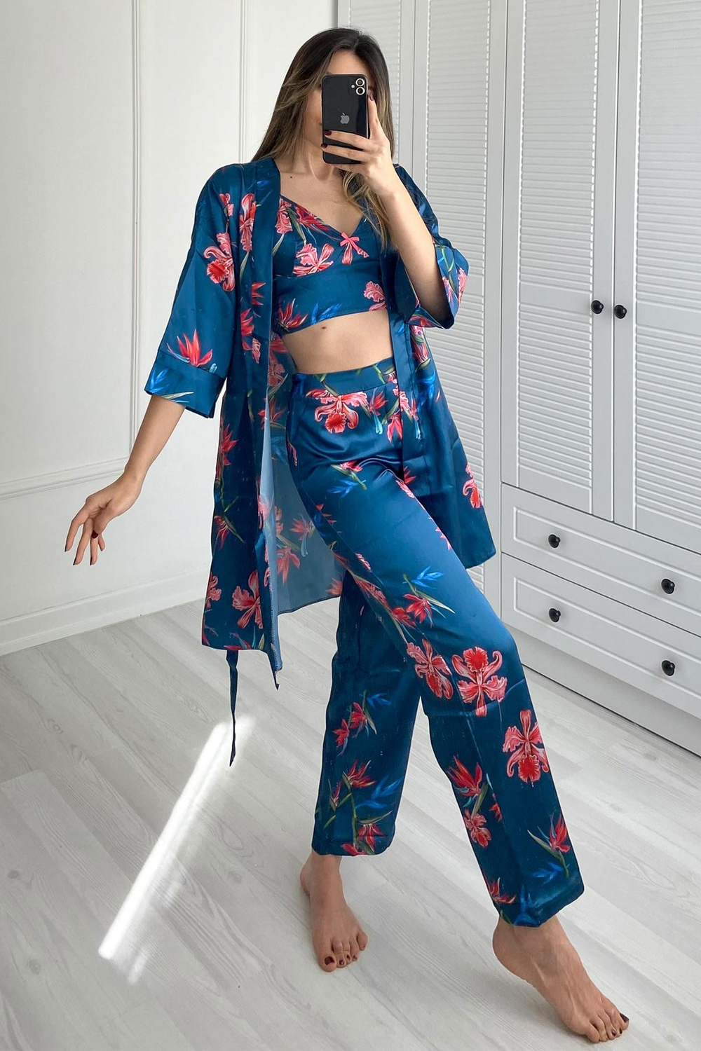 045 Kadın Desenli 3 Lü Saten Pijama Takım Turkuaz