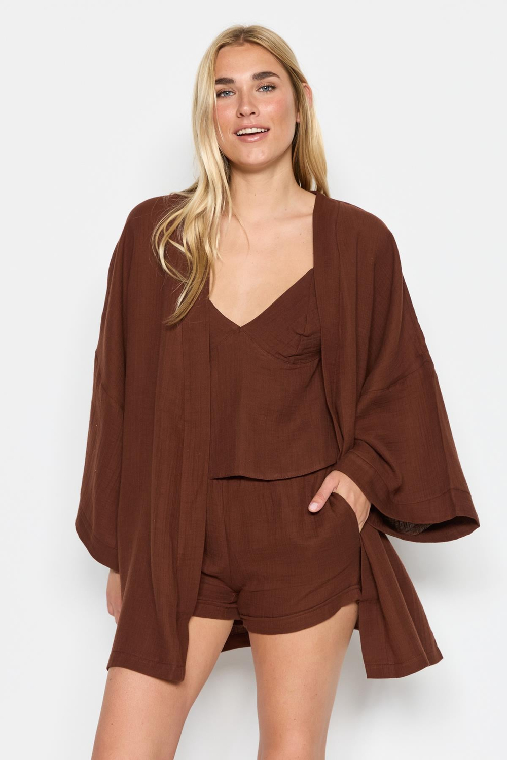 3 lü Organik Pamuk Müslin Kimono Şortlu Takım 9121 Kahverengi