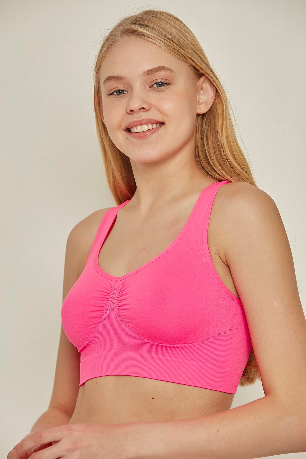 C14001 Dikişsiz Sporcu Büstiyer  Fuşya Neon