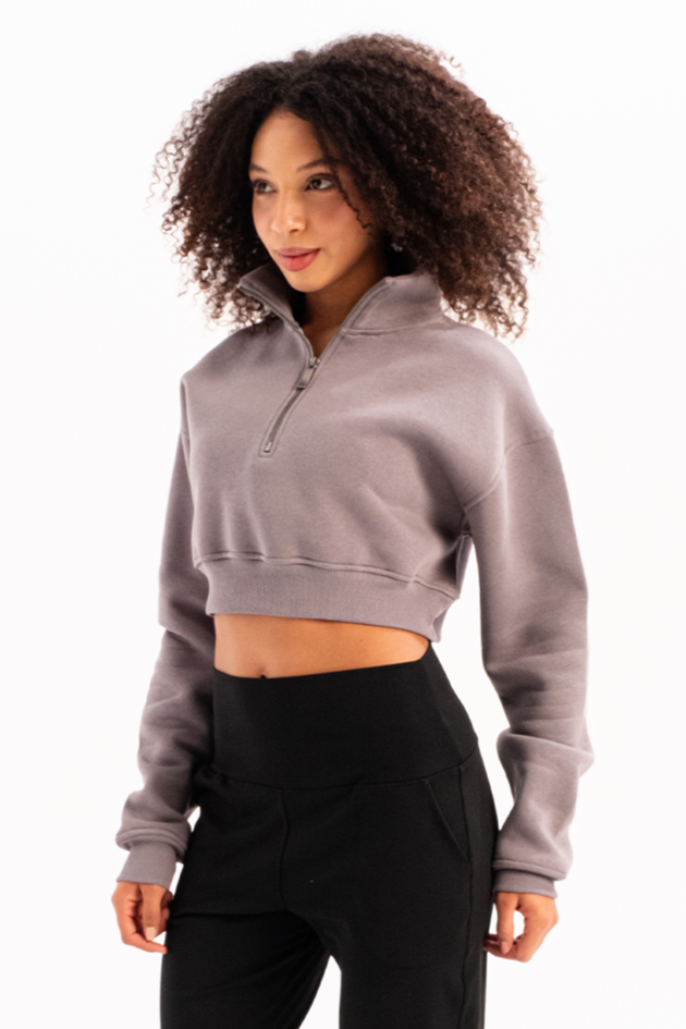 Crop Dik Yaka Yarı Fermuarlı Şardonlu Kadın Sweatshirt Vibe Gri