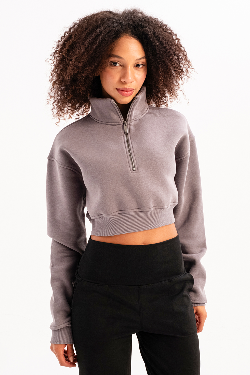 Crop Dik Yaka Yarı Fermuarlı Şardonlu Kadın Sweatshirt Vibe Gri