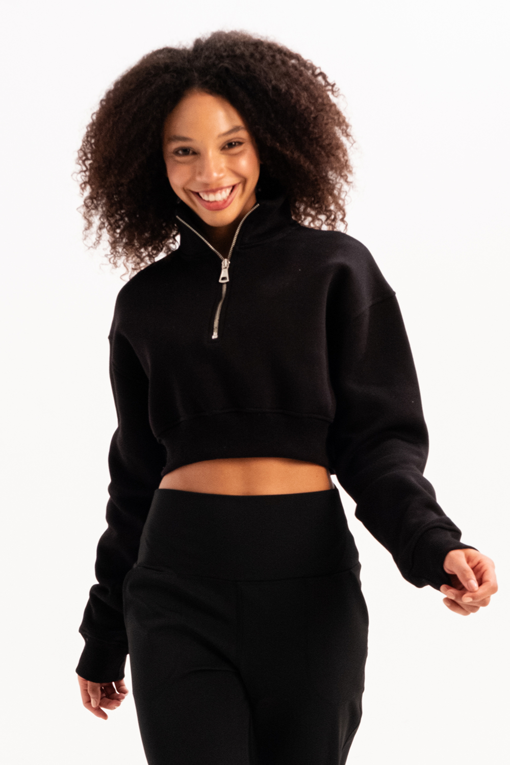 Crop Dik Yaka Yarı Fermuarlı Şardonlu Kadın Sweatshirt Vibe Siyah