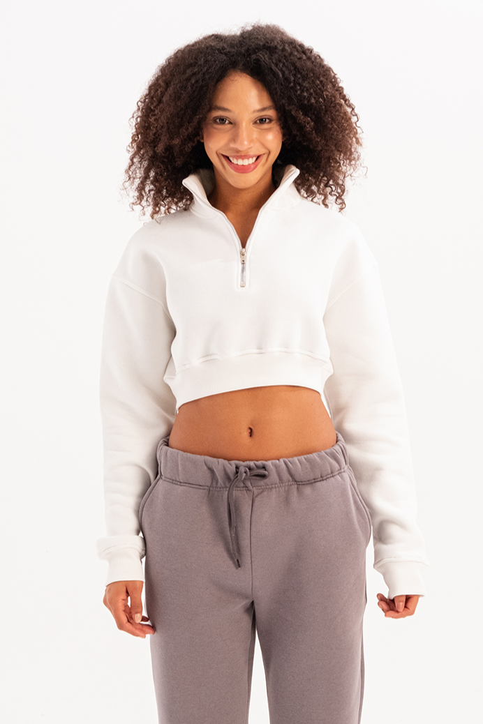 Crop Dik Yaka Yarı Fermuarlı Şardonlu Kadın Sweatshirt Vibe Ekru