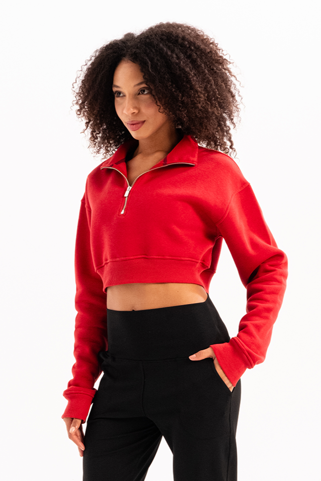 Crop Dik Yaka Yarı Fermuarlı Şardonlu Kadın Sweatshirt Vibe Kırmızı