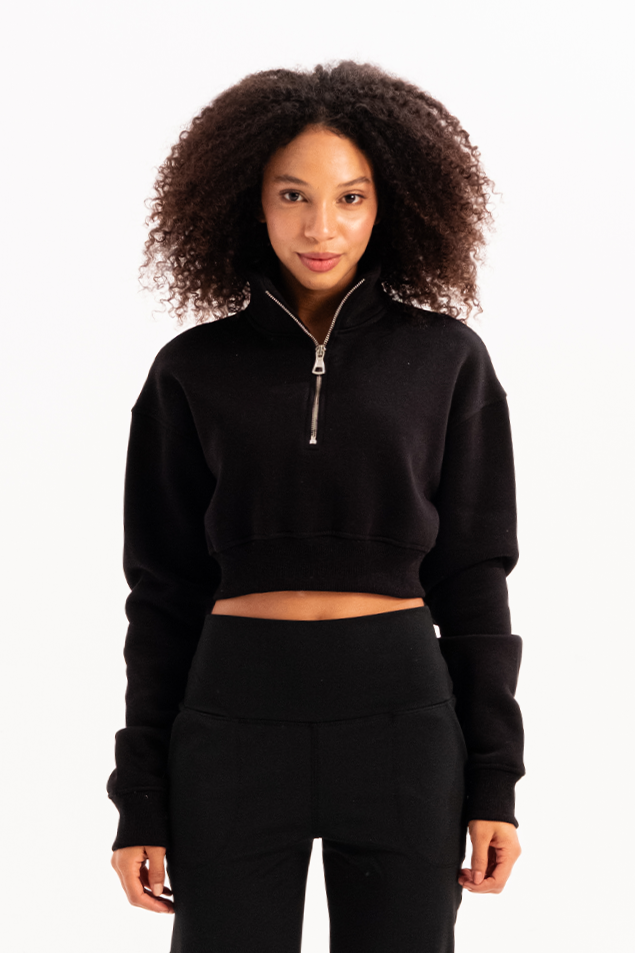 Crop Dik Yaka Yarı Fermuarlı Şardonlu Kadın Sweatshirt Vibe Siyah