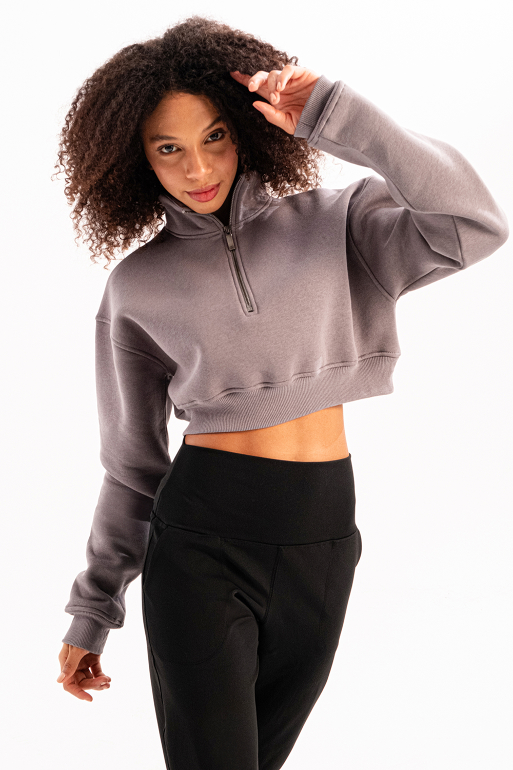Crop Dik Yaka Yarı Fermuarlı Şardonlu Kadın Sweatshirt Vibe Gri