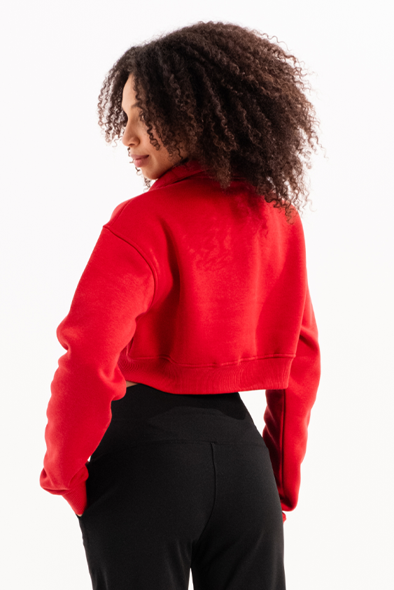 Crop Dik Yaka Yarı Fermuarlı Şardonlu Kadın Sweatshirt Vibe Kırmızı