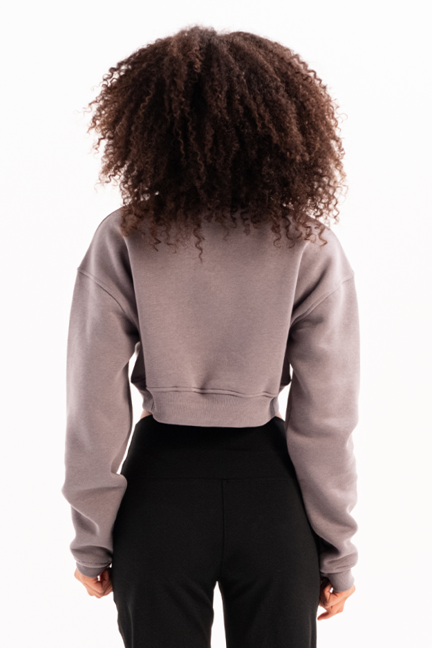 Crop Dik Yaka Yarı Fermuarlı Şardonlu Kadın Sweatshirt Vibe Gri