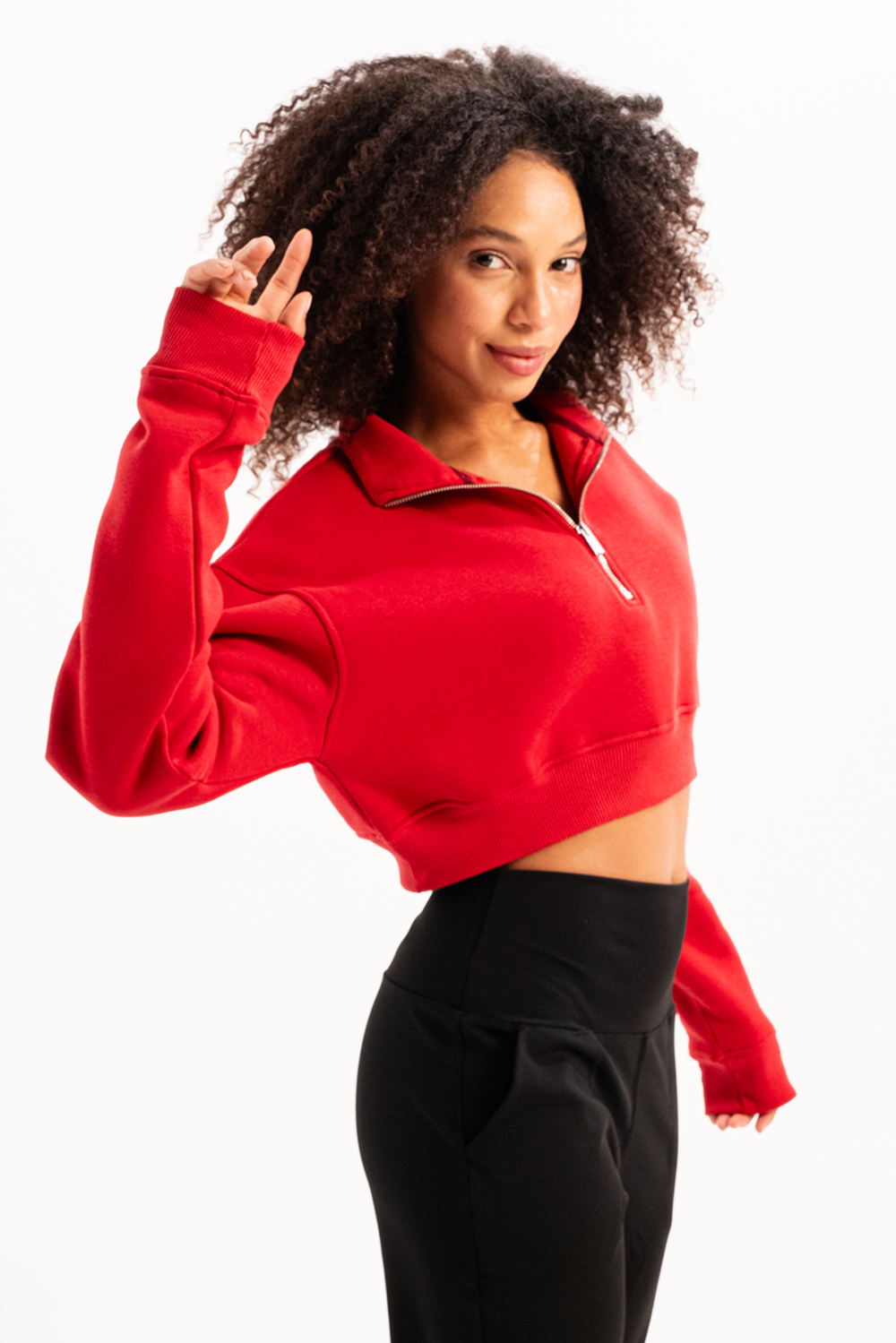 Crop Dik Yaka Yarı Fermuarlı Şardonlu Kadın Sweatshirt Vibe Kırmızı