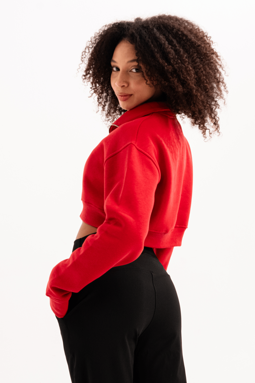 Crop Dik Yaka Yarı Fermuarlı Şardonlu Kadın Sweatshirt Vibe Kırmızı