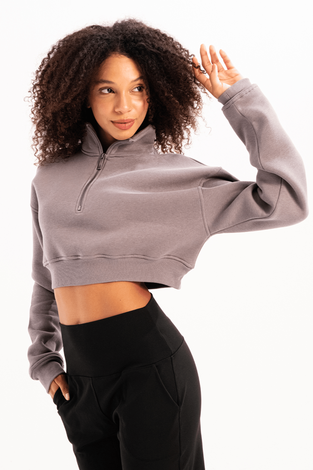 Crop Dik Yaka Yarı Fermuarlı Şardonlu Kadın Sweatshirt Vibe Gri