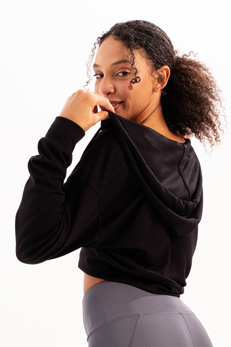 Crop Kapüşonlu Fermuarlı Kadın Sweatshirt Atria Siyah