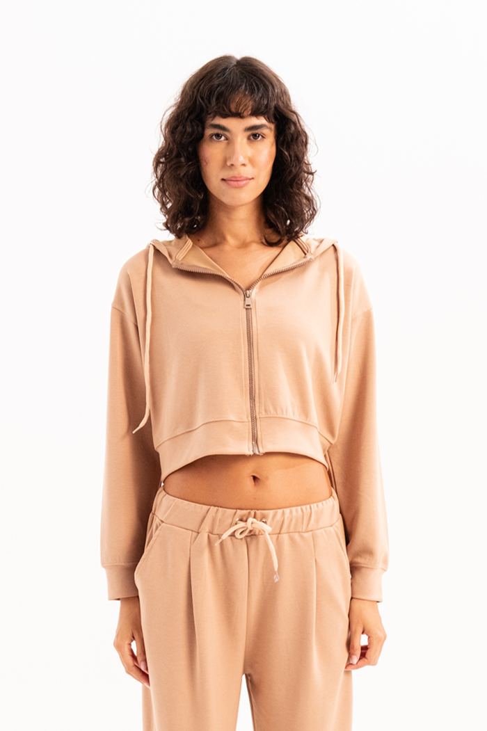 Crop Kapüşonlu Fermuarlı Kadın Sweatshirt Atria Vizon