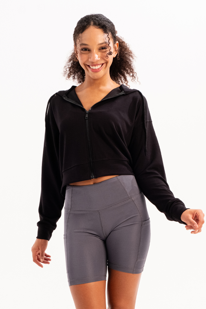 Crop Kapüşonlu Fermuarlı Kadın Sweatshirt Atria Siyah