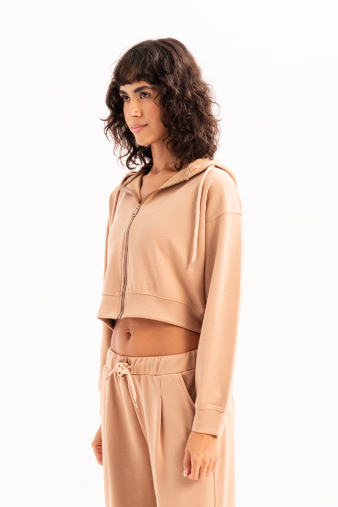 Crop Kapüşonlu Fermuarlı Kadın Sweatshirt Atria Vizon