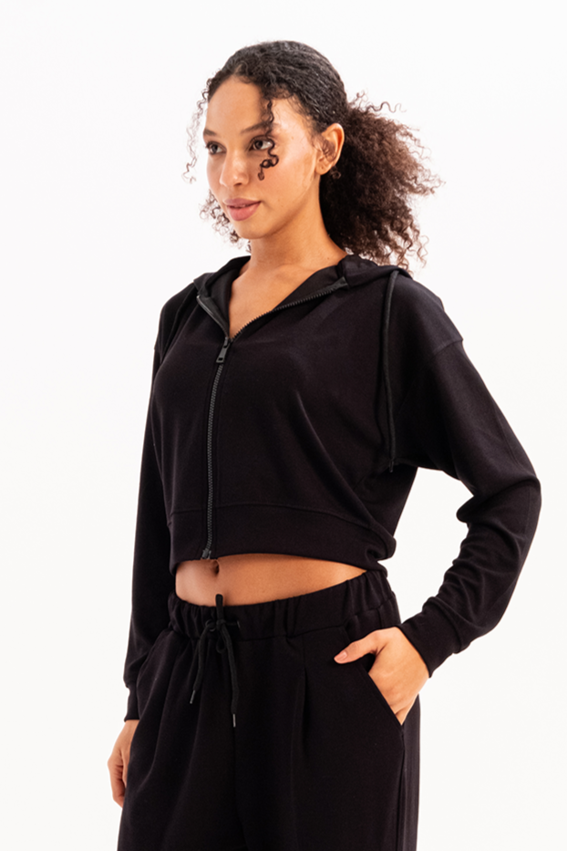 Crop Kapüşonlu Fermuarlı Kadın Sweatshirt Atria Siyah