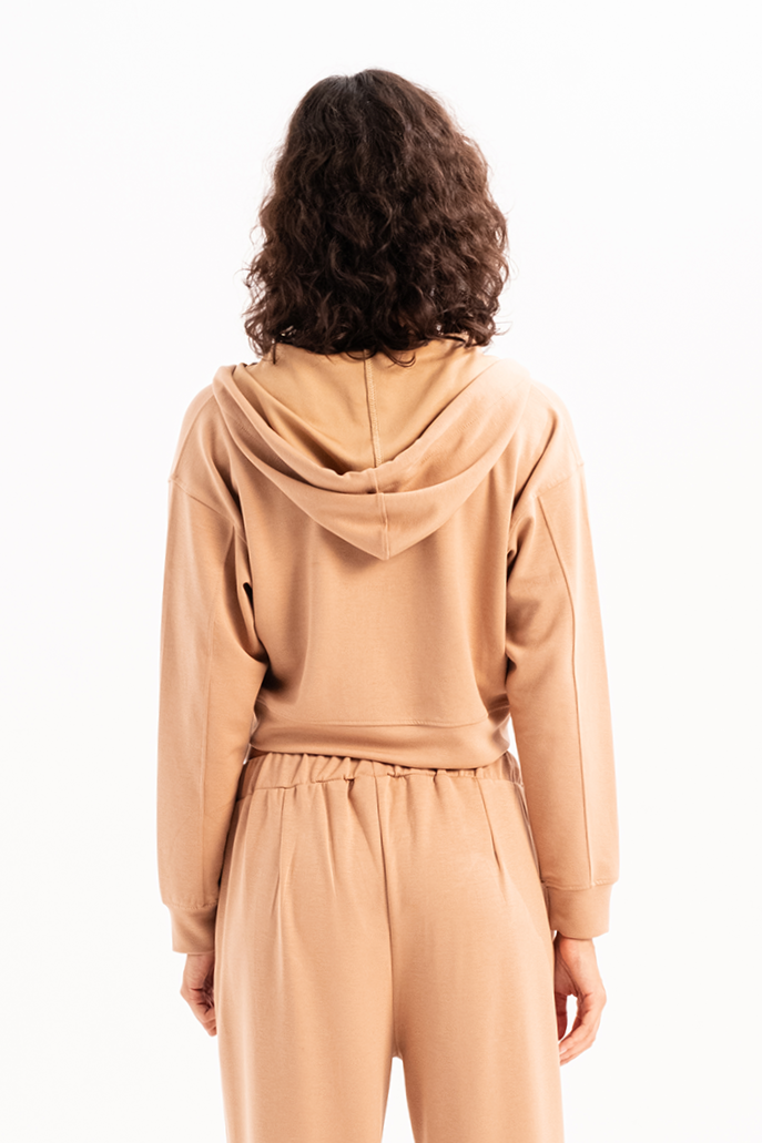 Crop Kapüşonlu Fermuarlı Kadın Sweatshirt Atria Vizon