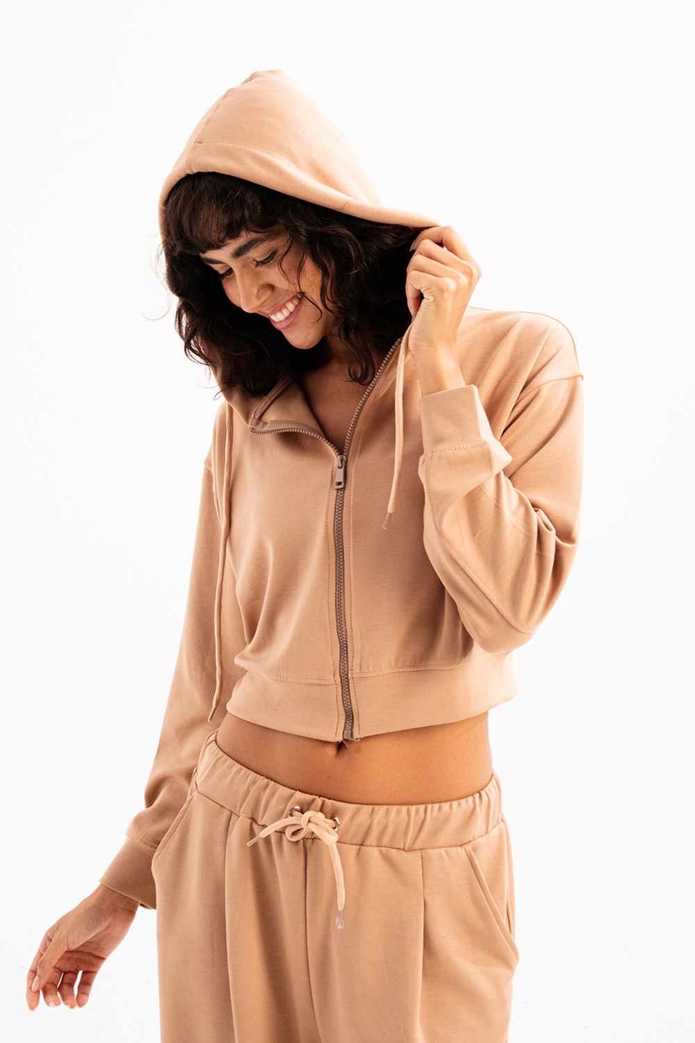 Crop Kapüşonlu Fermuarlı Kadın Sweatshirt Atria Vizon